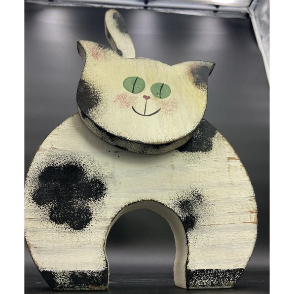 Halloween White, Black Cat Hand Painted Wooden Kitty Lover Wood Figure 9” - Picture 5 of 11